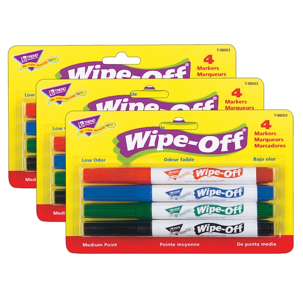 Trend Enterprises Wipe-Off Dry Erase Markers, Black, Red, Blue, Green, 4 Markers Per Pack, 3PK T98003 - main